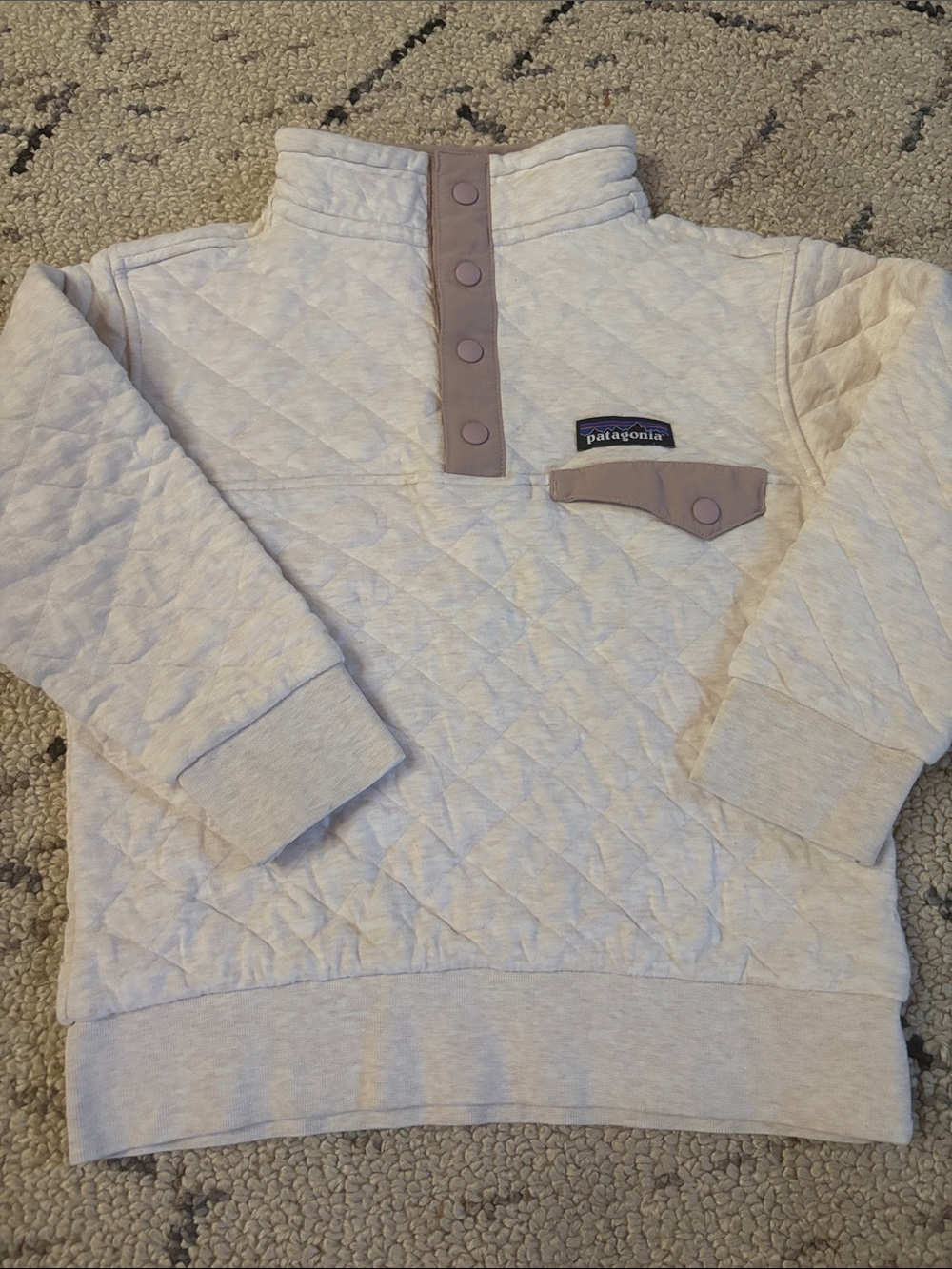 Patagonia Kids Quilted Snap Pullover - Cream with mauve Accents Sz 7-8 EUC